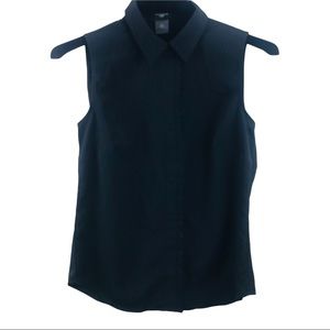 Spring Ann Taylor Blouse XS Petite Black Sleeveless Ripple Trim Collared Front …